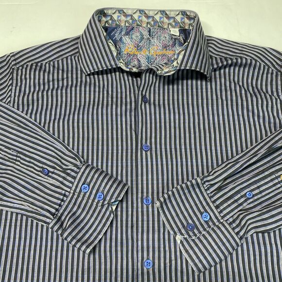 Robert Graham Button Up Shirt Mens XL Classic Fit Blue/Black Striped Long Sleeve - Picture 4 of 9